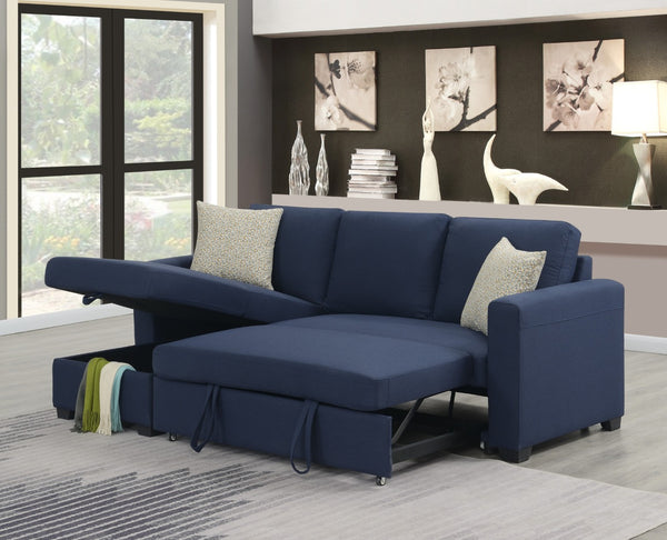 English Elm Navy Fabric Sleeper Sectional with Lift Top Storage Chaise for Compact Living Rooms B361S00027