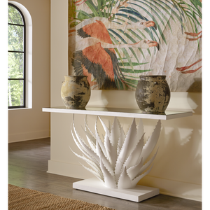 Agave White Console Table - Elegant Wrought Iron Design with Mirrored Top, Nature-Inspired Style