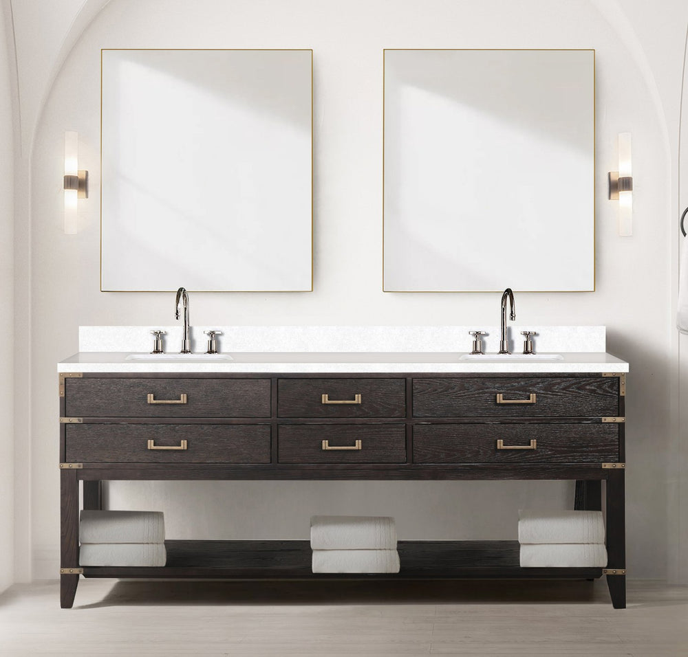 English Elm Brown Oak Double Bath Vanity With White Quartz Top, Soft-Close Drawers, Faucet Set Included, 80" W B2731P260339