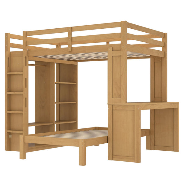 English Elm Full Solid Wood Loft Bed with Removable Lower Bed, Built-In Desk, Shelves & Wardrobe for Space-Saving Designs Natural W1580S00213