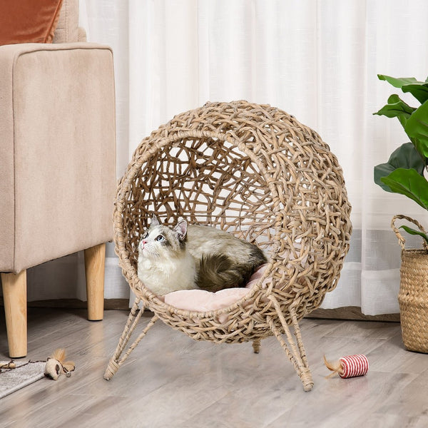 English Elm Pawhut 20.5" Elevated Cat Bed, Hand-Woven Banana Leaf Condo With Cozy Cushion For Stylish Comfort W2225P217308-GIGA