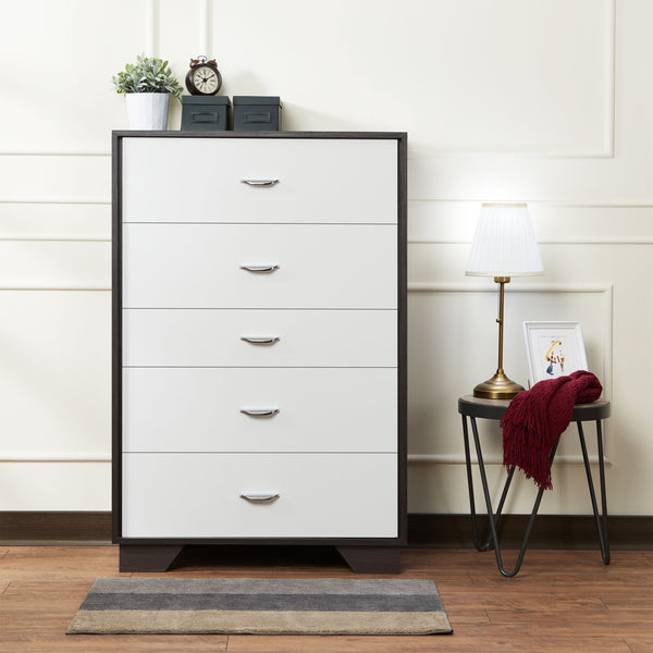 English Elm White 5-Drawer Chest in White and Espresso Finish — Sleek Rectangular Design, Ample Storage, Modern Style B062P209032