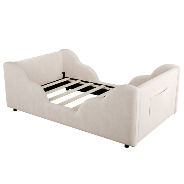 English Elm Toddler Floor Bed Velvet Upholstered Cloud Frame with Safety Rails and Storage Pocket N899P452412A