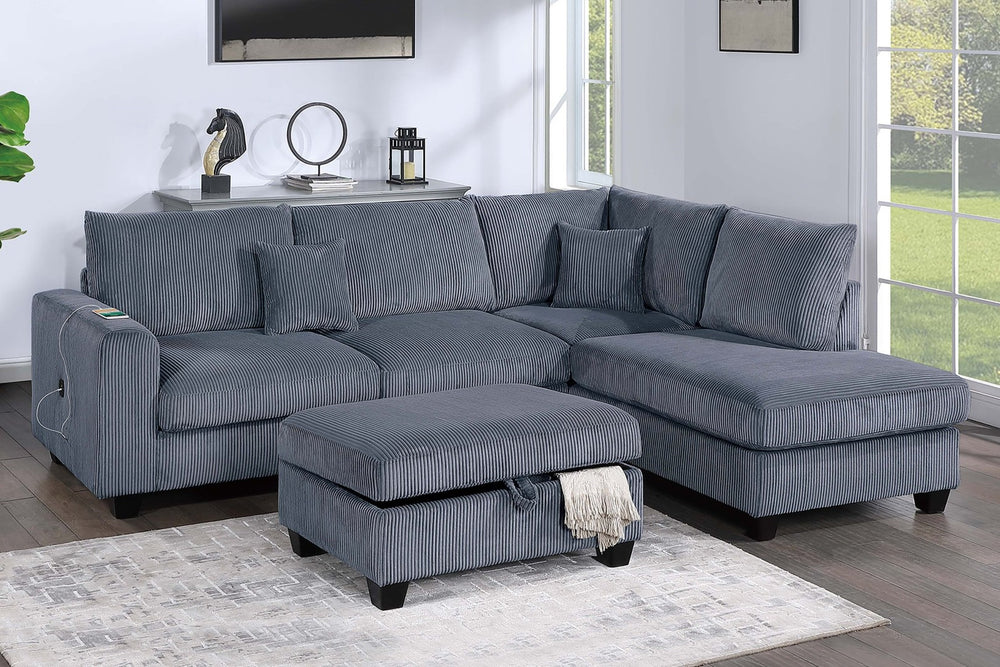 English Elm Modern Corduroy Sectional with Chaise Storage Ottoman and Usb Port for Living Room B011S02184