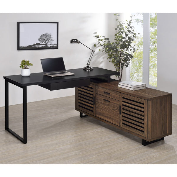 English Elm Rodger Black and Walnut L-Shape Computer Desk with Credenza, Slatted Doors, Drawers, Spacious Workstation B062P378334