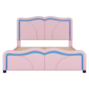 English Elm Full Full Size Upholstered Platform Bed in Pink with Curved Headboard, 3-Height Adjust, LED Strips, Sturdy Frame WF323749AAH