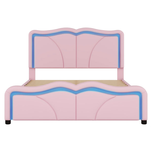 English Elm Full Full Size Upholstered Platform Bed in Pink with Curved Headboard, 3-Height Adjust, LED Strips, Sturdy Frame WF323749AAH