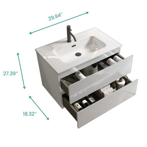 English Elm Tia 30" Glossy White Floating Bathroom Vanity With Ceramic Sink & Double Drawers For Modern Spaces W1865S00104-GIGA