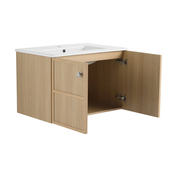 English Elm 30" Oak Wall-Mounted Bathroom Vanity with Ceramic Sink, 2 Soft-Closing Doors, Plywood Build, Space-Saving Design W1972S00022