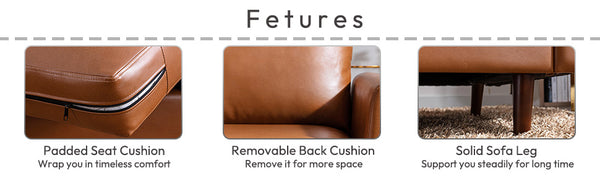 English Elm 80'' Faux Leather Sofa Couch — Mid-Century 3-Seater with Solid Wood Frame, High-Density Foam, Easy-Clean Brown T2694S00062