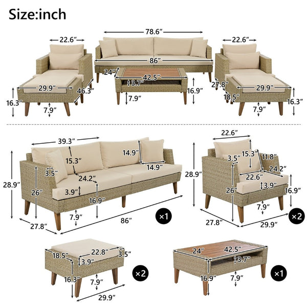 English Elm <old Old Sku Pe Wicker Six Piece Patio Conversation Set Acacia Wood Cushioned Outdoor Sofa Brown N704G201219D