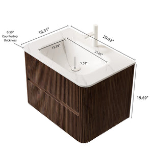 English Elm NOOR Floating 30" Bathroom Vanity with Seamless Sintered Basin, Retro Walnut Plywood, 2 Soft-Close Drawers W2615P345715