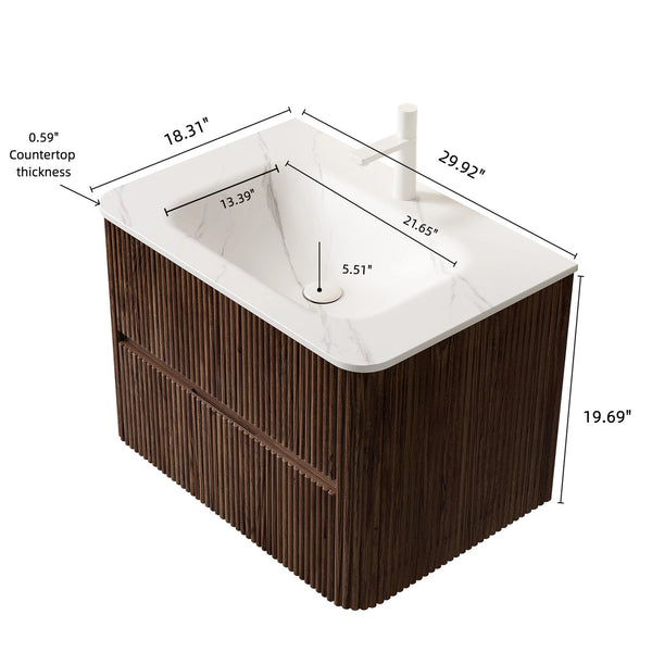 English Elm NOOR Floating 30" Bathroom Vanity with Seamless Sintered Basin, Retro Walnut Plywood, 2 Soft-Close Drawers W2615P345715