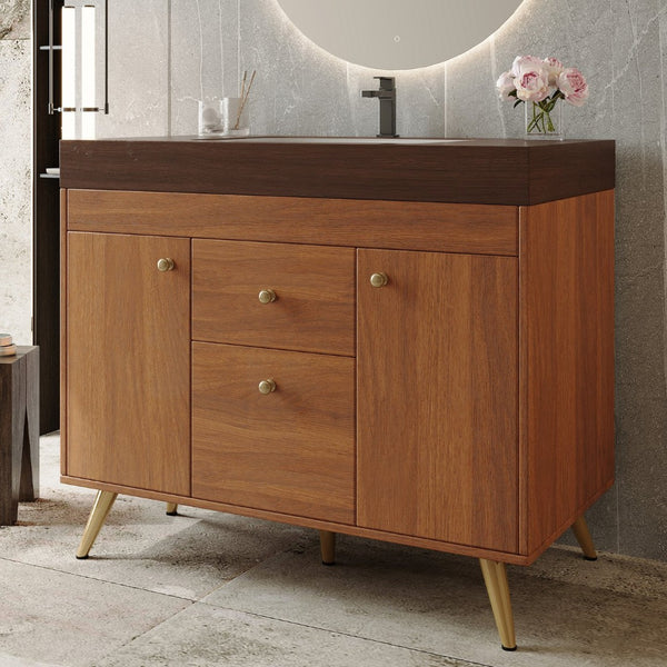 English Elm 36" Freestanding Bathroom Vanity Sintered Stone Top Ceramic Sink Stainless Steel Legs Brown,Gold,Walnut,White W3136S00075