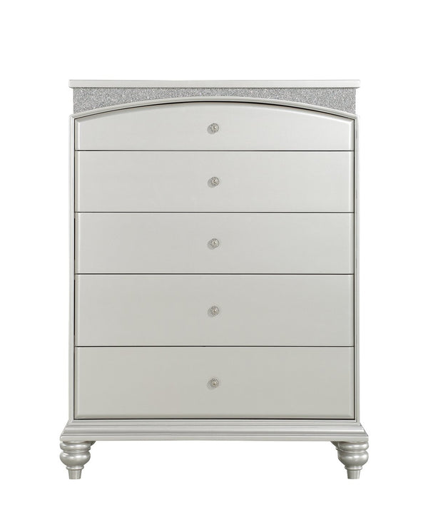 English Elm Maverick Platinum Finish Dresser with 9 Drawers, Crystal Knobs, Rhinestone Inlay, Felt Top Drawer - Luxurious Storage Silver 50 L x 20 W x 42 H B2726P247645