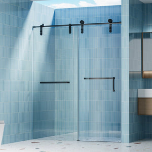 English Elm 56"-60" Frameless Sliding Shower Door Clear Tempered Glass Matte Black Steel Hardware W1920S00069