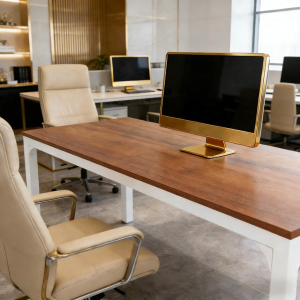 English Elm Dual Workstation Computer Desk with Iron Pipe Legs for Two Person Home Office Brown+White T3971P460827