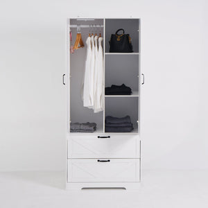 English Elm 2 Door White Wardrobe Closet with Mirror Hanging Rod Drawers and Auto Interior Light W409P167477