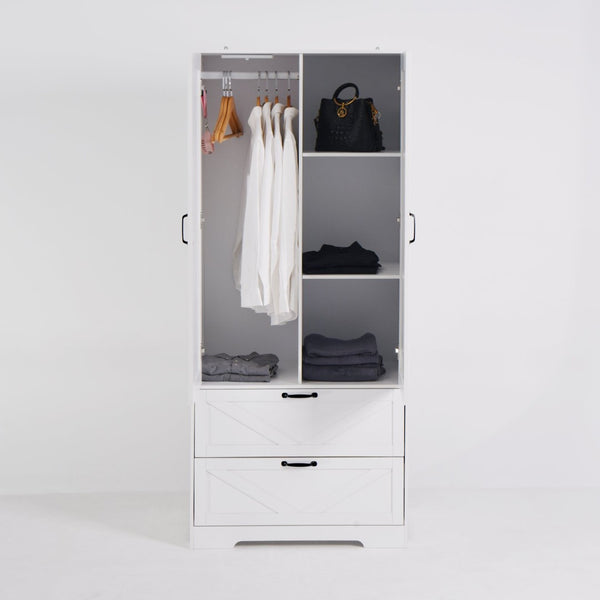 English Elm 2 Door White Wardrobe Closet with Mirror Hanging Rod Drawers and Auto Interior Light W409P167477