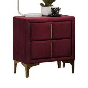 English Elm Red Glam Nightstand with Gold-Coated Legs, Fully Upholstered Flannelette Bedside Table, 22"W x 24"H B2741P350273