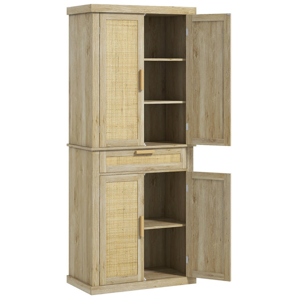 English Elm Homcom 72" Tall Boho Pantry Cabinet With Rattan Panels, 5-Tier Storage, Adjustable Shelves, Oak Finish W2225P229259