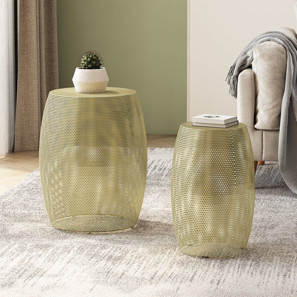 English Elm Christopher Knight Home® - Round Metal Hollow Side Table Set – Elegant Gold Drum Accent Tables For Modern Living Spaces & Décor N770P195647G