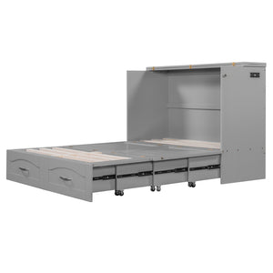 English Elm Full Size Murphy Wall Bed with Storage Drawers Usb Charging Ports and Pulley Mechanism Gray LP100670AAE