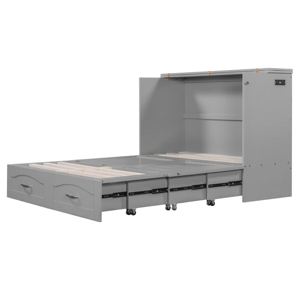 English Elm Full Size Murphy Wall Bed with Storage Drawers Usb Charging Ports and Pulley Mechanism Gray LP100670AAE
