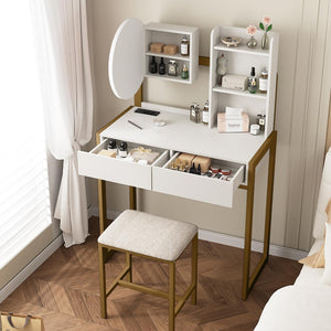 English Elm Small Bedroom Vanity Desk with Led Mirror Cushioned Stool Power Outlet and Storage White+Gold W3587P462322