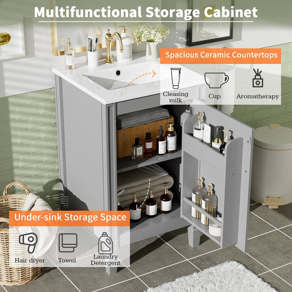 English Elm 20" Gray Bathroom Vanity with Ceramic Sink, Soft-Close Door, U-Shaped Adjustable Shelf & Door Storage Rack for Small Spaces N729P299364E