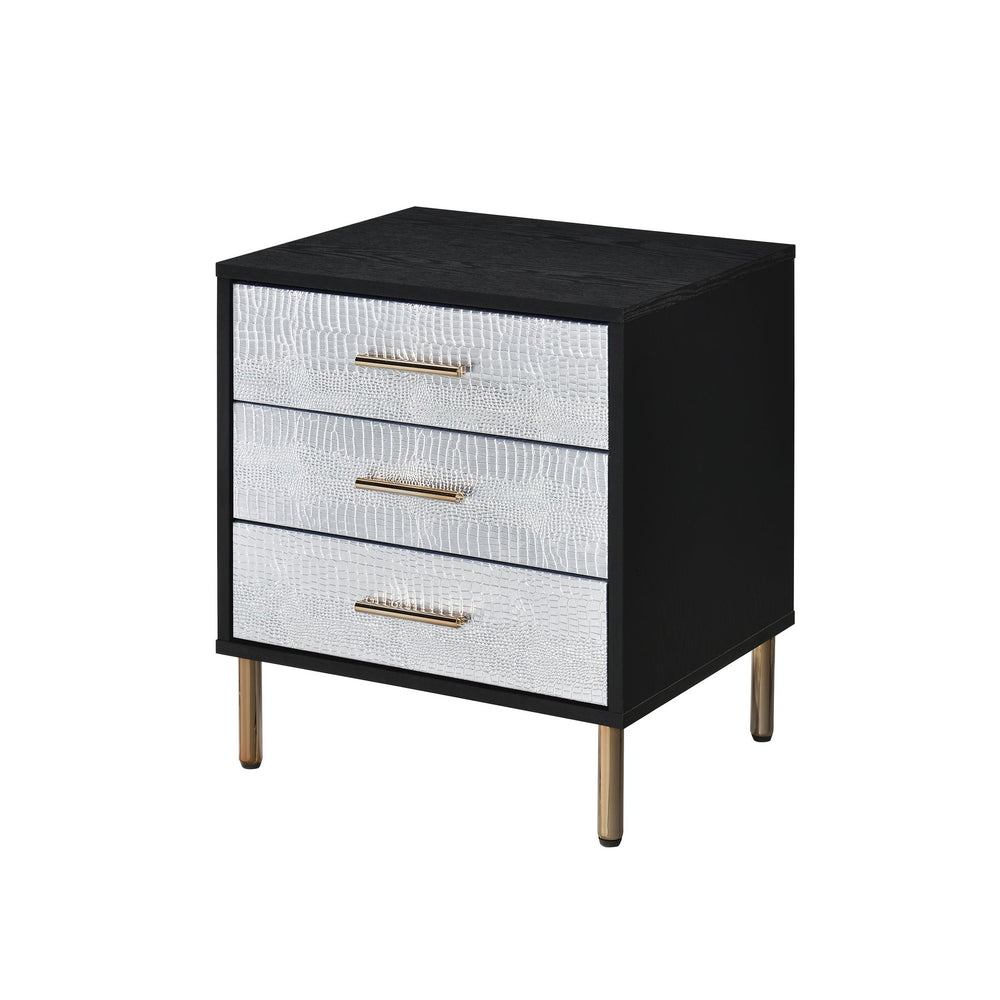 English Elm 1pc Glamorous Black Nightstand 3-Drawer Faux Crocodile Fronts Gold Legs Hollywood Glam Accent B2741P323121