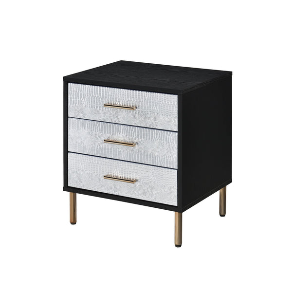 English Elm 1pc Glamorous Black Nightstand 3-Drawer Faux Crocodile Fronts Gold Legs Hollywood Glam Accent B2741P323121
