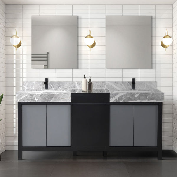 English Elm Black Double Bath Vanity 72" W With Castle Grey Marble Top & Matte Black Faucet – Elegant Storage Solution B2731P261115
