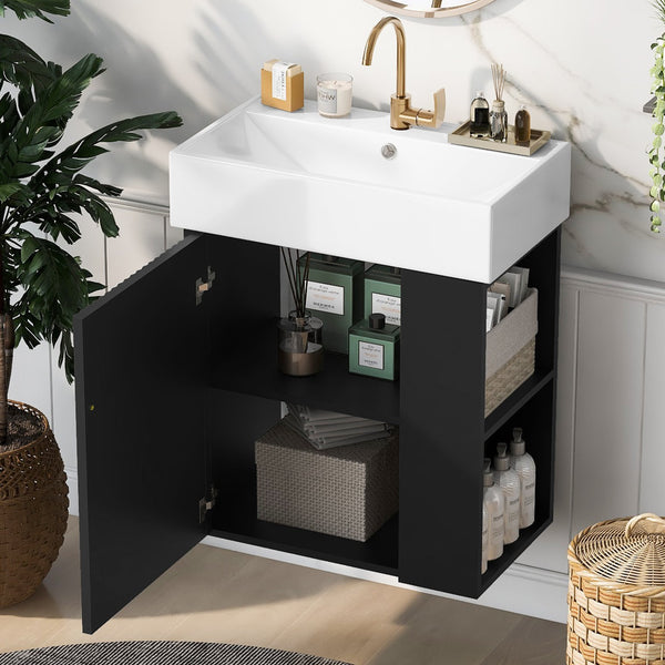 English Elm 21.6 inch Modern Floating Bathroom Vanity with Ceramic Basin, Wave Door, Rose Gold Handle Black N729P170388B