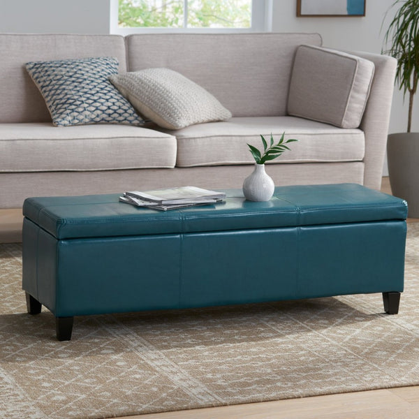 English Elm Upholstered Pu Leather Storage Ottoman with Solid Wood Legs Hinged Lid Bench Seat Teal N757P414088T