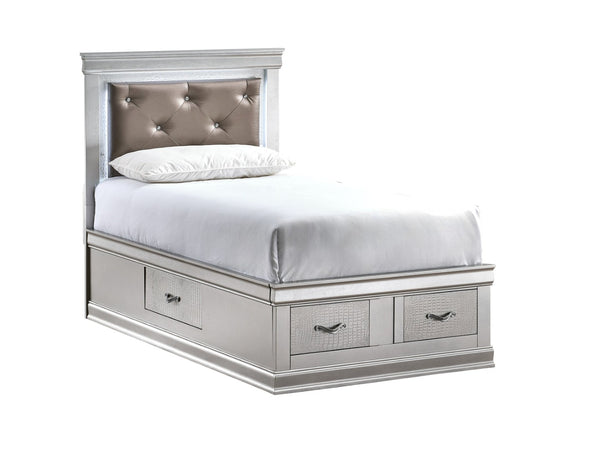 English Elm Lorana Glam Twin Storage Bed with Led Lighting and Tufted Faux Leather Headboard Silver B078S00686