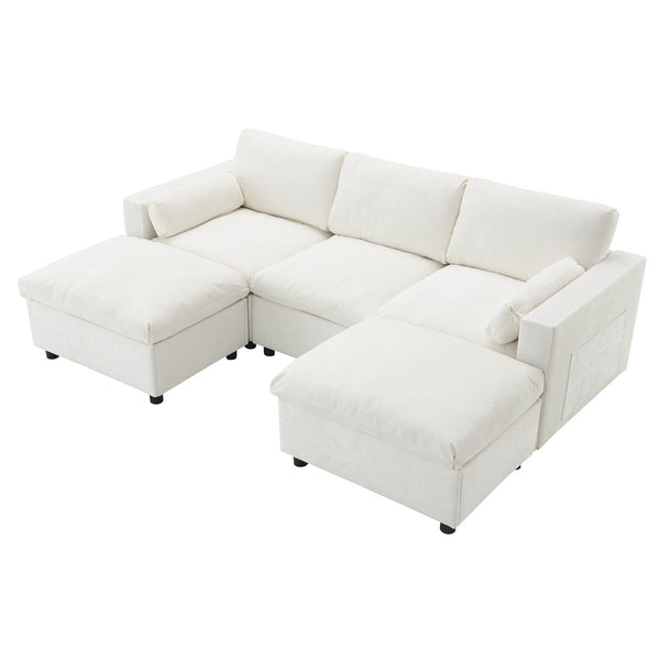English Elm [video]86.5'' Chenille U-shaped Sectional with Dual Ottomans and Storage Pockets for Living Rooms White N723S7723A