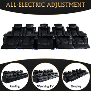 English Elm 155.5"power Reclining Sectional Nappa Leather Home Theater Seating with Rgb Lighting W3819S00098