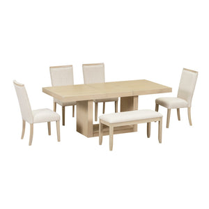 English Elm Topmax Extendable Acacia Wood Pedestal Dining Set with Bench and Upholstered Chairs N717S000054A