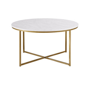 English Elm Walker Edison - Modern Glam Round Faux Marble Coffee Table with Gold X-Base, Sturdy Metal Frame, Chic Mid-Century Appeal B185P326703