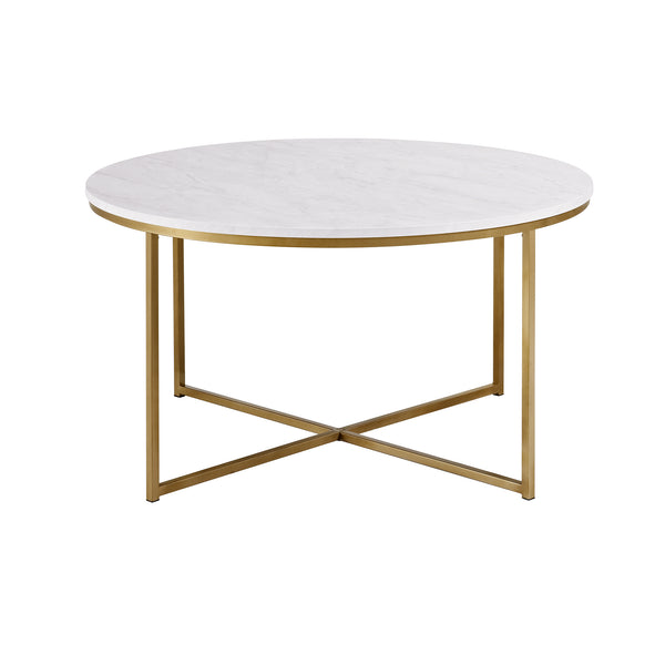 English Elm Walker Edison - Modern Glam Round Faux Marble Coffee Table with Gold X-Base, Sturdy Metal Frame, Chic Mid-Century Appeal B185P326703