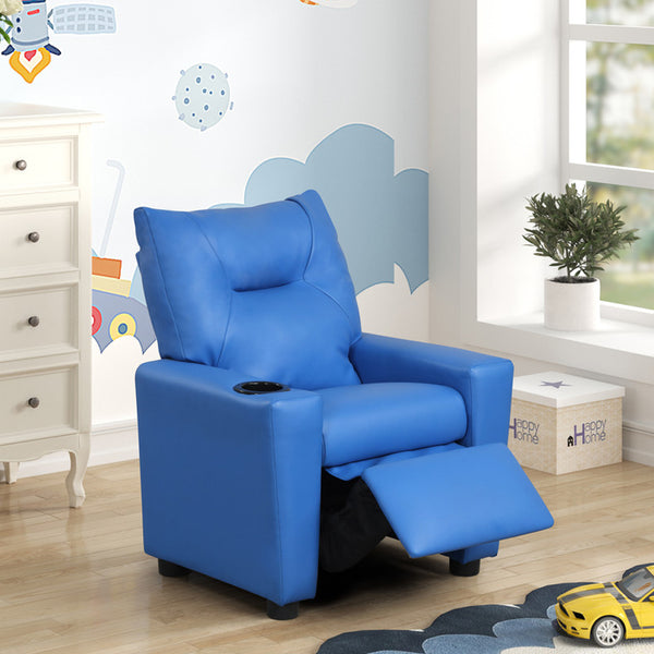 English Elm PVC Kids Recliner Chair with Cupholder and Easy-Clean Fabric, Comfortable Reclining Seat for Room Fun Blue B016P404585