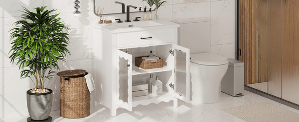 English Elm Christopher Knight Home® - 30 Inches Bathroom Vanity With Tempered Glass Doors, Space-Saving Design, White Rubber Wood Style N817P299499W