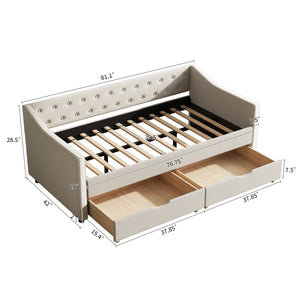 English Elm Twin Size Daybed With Storage Drawers - Elegant Beige Upholstered Sofa Bed With Tufted Design W2336S00031-GIGA