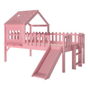 English Elm Twin Playhouse Loft Bed Solid Pine Frame with Slide Led Lights and Star Roof Pink W5316S00003