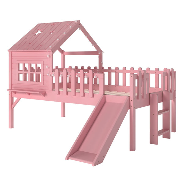 English Elm Twin Playhouse Loft Bed Solid Pine Frame with Slide Led Lights and Star Roof Pink W5316S00003