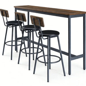 English Elm Bar Table Set with 3 Pu Leather Stools Industrial Steel Frame Rustic Dining Nook W3204P428249