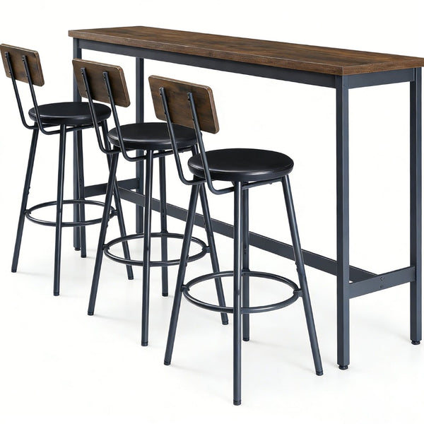 English Elm Bar Table Set with 3 Pu Leather Stools Industrial Steel Frame Rustic Dining Nook W3204P428249