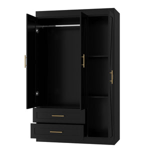 English Elm Shaker Three Door Wardrobe Armoire with Hanging Rod and Shelves for Bedroom Black T3210S00006