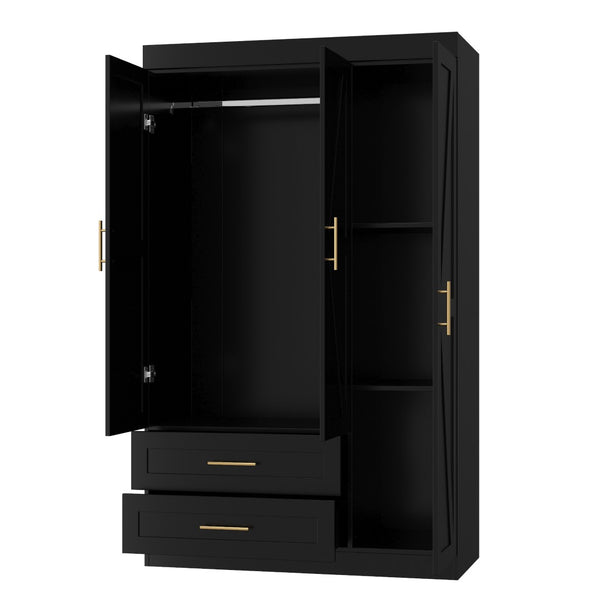 English Elm Shaker Three Door Wardrobe Armoire with Hanging Rod and Shelves for Bedroom Black T3210S00006